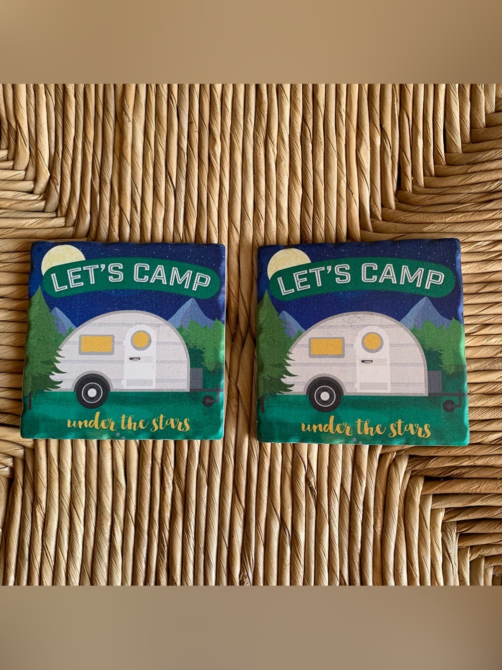 Two “Let’s Camp Under the Stars” coasters